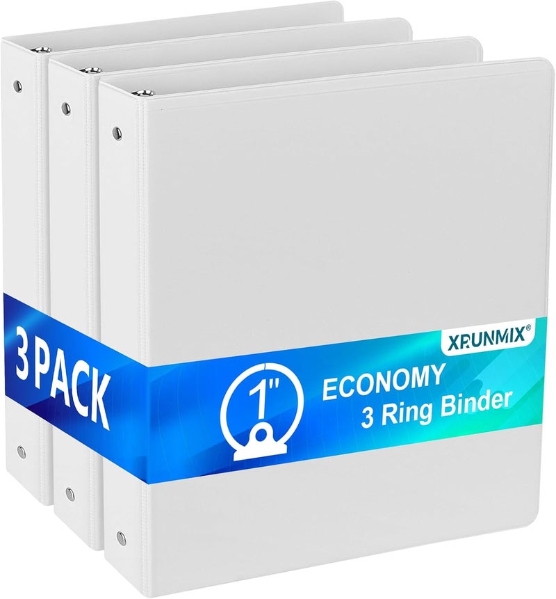 XRUNMIX Bulk 3 Packs 1'' Economy 3-Ring Binders, 1 Inch Round Rings, US Letter Size 8.5'' x 11'', 200 Sheets Capacity, ClearVue Presentation View, Non-Stick, White (3) - Image 1